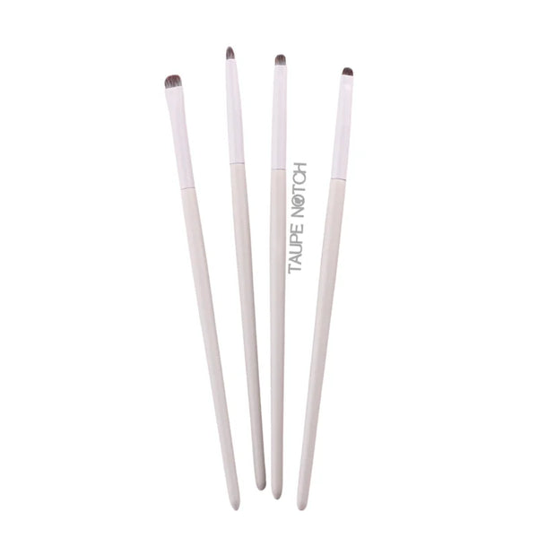 Eye brush set with four slim detail brushes, taupe bristles on white handles