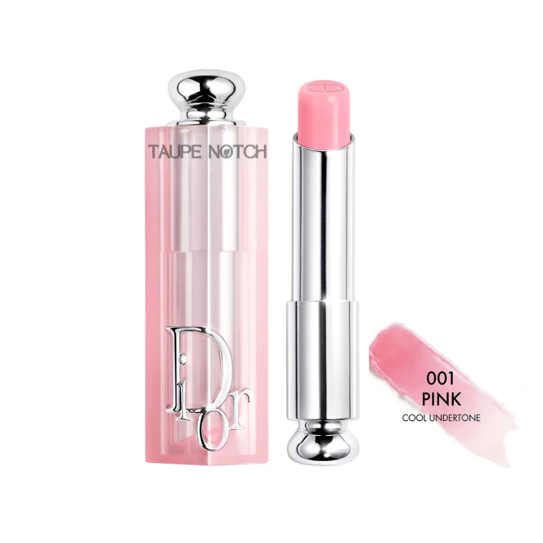 Dior Addict Lip Glow balm, 001 Pink shade, light pink balm tube with silver cap.