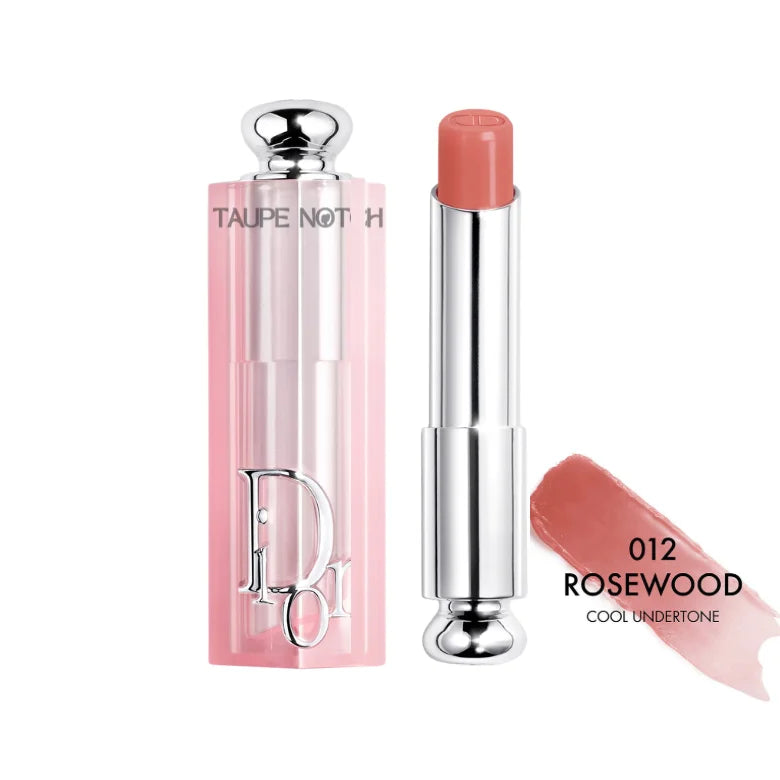 Dior Addict Lip Glow balm, 012 Rosewood shade, mauve-pink balm tube with silver cap.