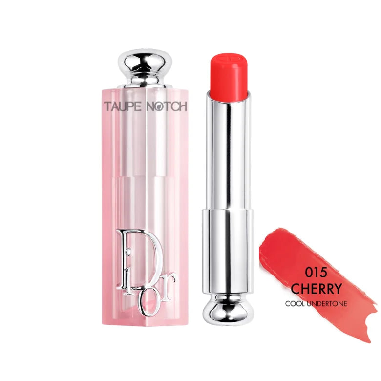Dior Addict Lip Glow balm, 015 Cherry shade, red balm tube with silver cap.