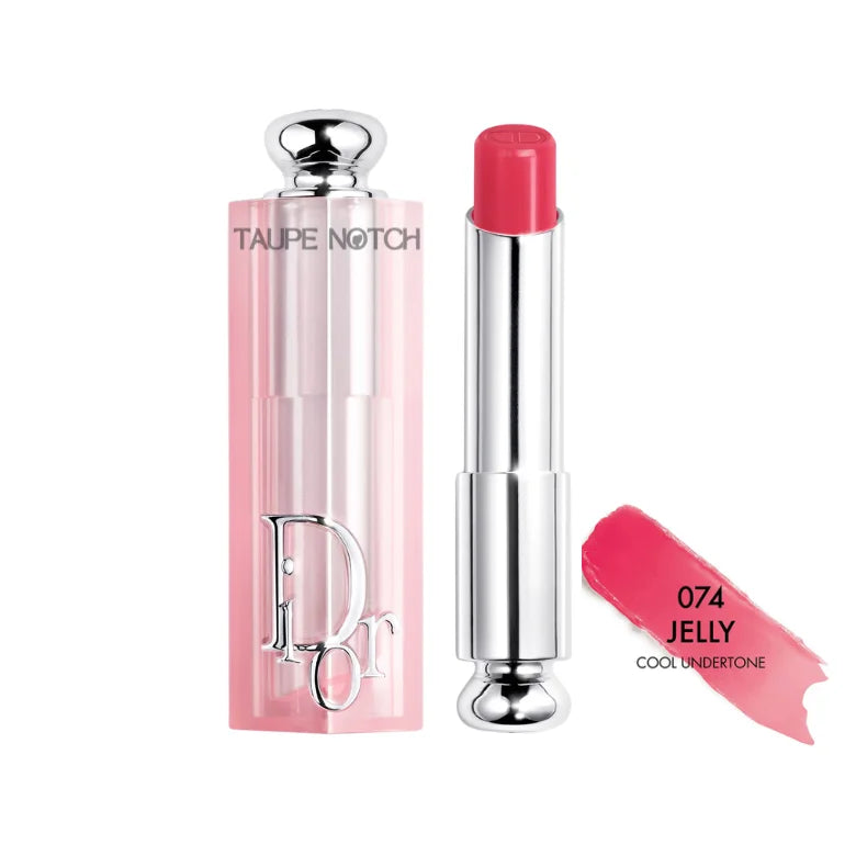 Dior Addict Lip Glow balm, 074 Jelly shade, pink-red balm tube with silver cap.
