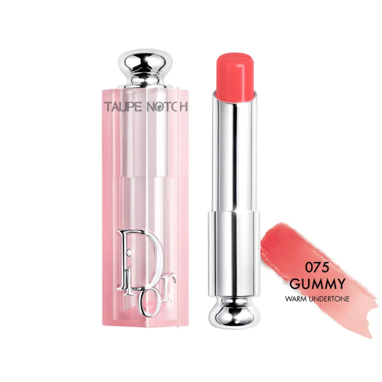 Dior Addict Lip Glow balm, 075 Gummy shade, coral balm tube with silver cap.
