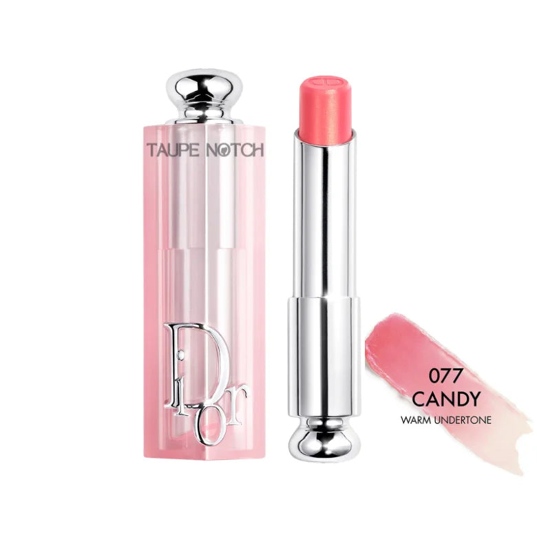 Dior Addict Lip Glow balm, 077 Candy shade, pink balm tube with silver cap.