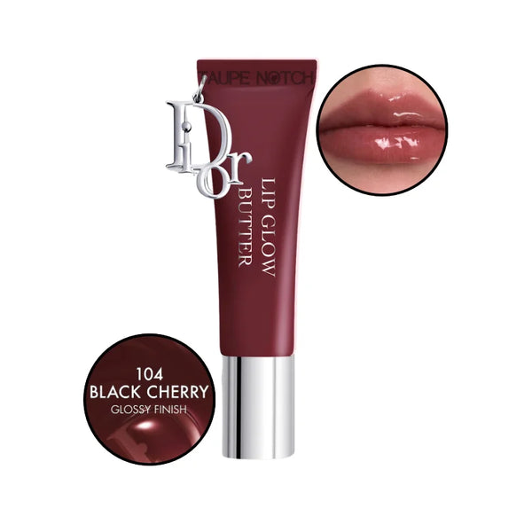 Dior Addict Lip Glow Butter 104 Black Cherry: glossy dark cherry lip balm tube