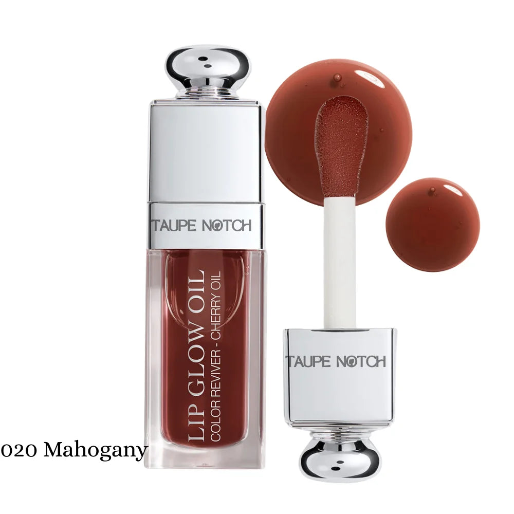 Lip oil with mahogany-brown tube and doe-foot applicator, with brown gloss drops