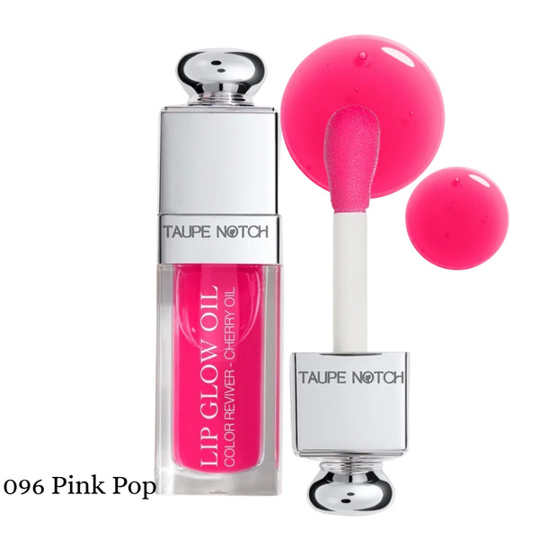 Lip oil with pink pop tube and doe-foot applicator, plus vivid fuchsia gloss drops