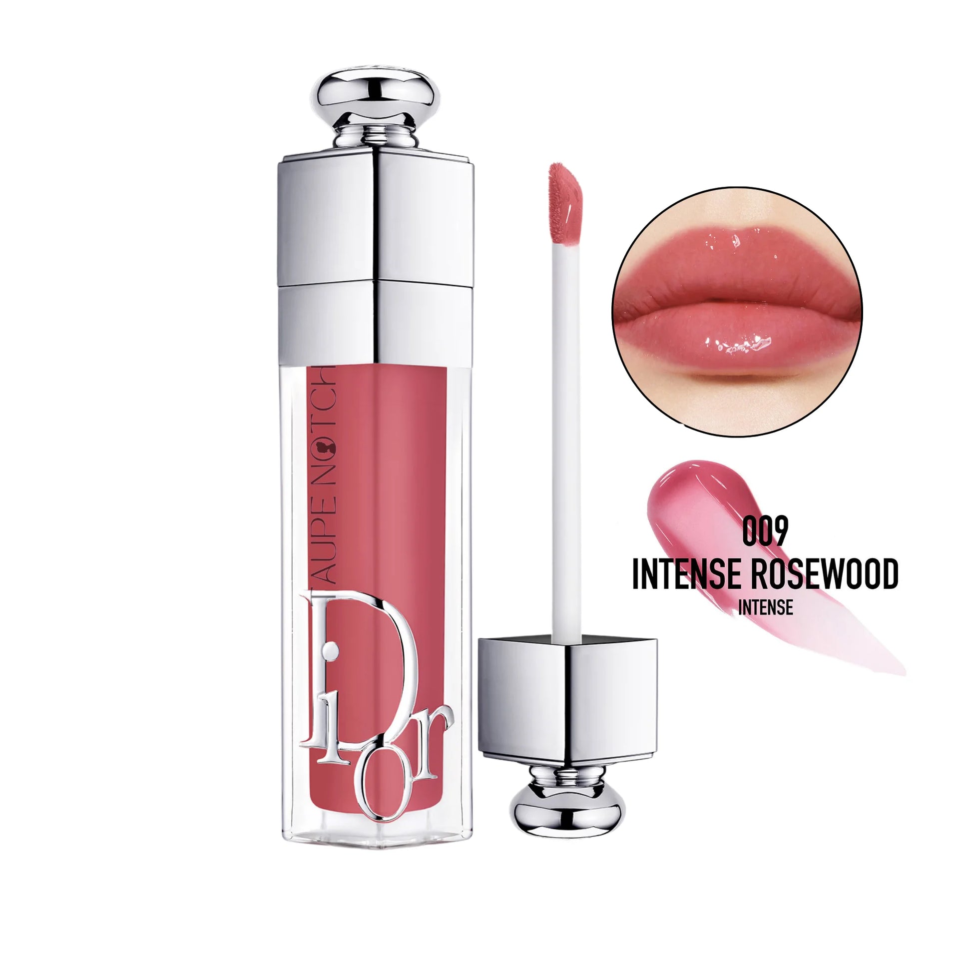 Dior Addict lip plumping gloss 009 Intense Rosewood, with rose-toned applicator wand