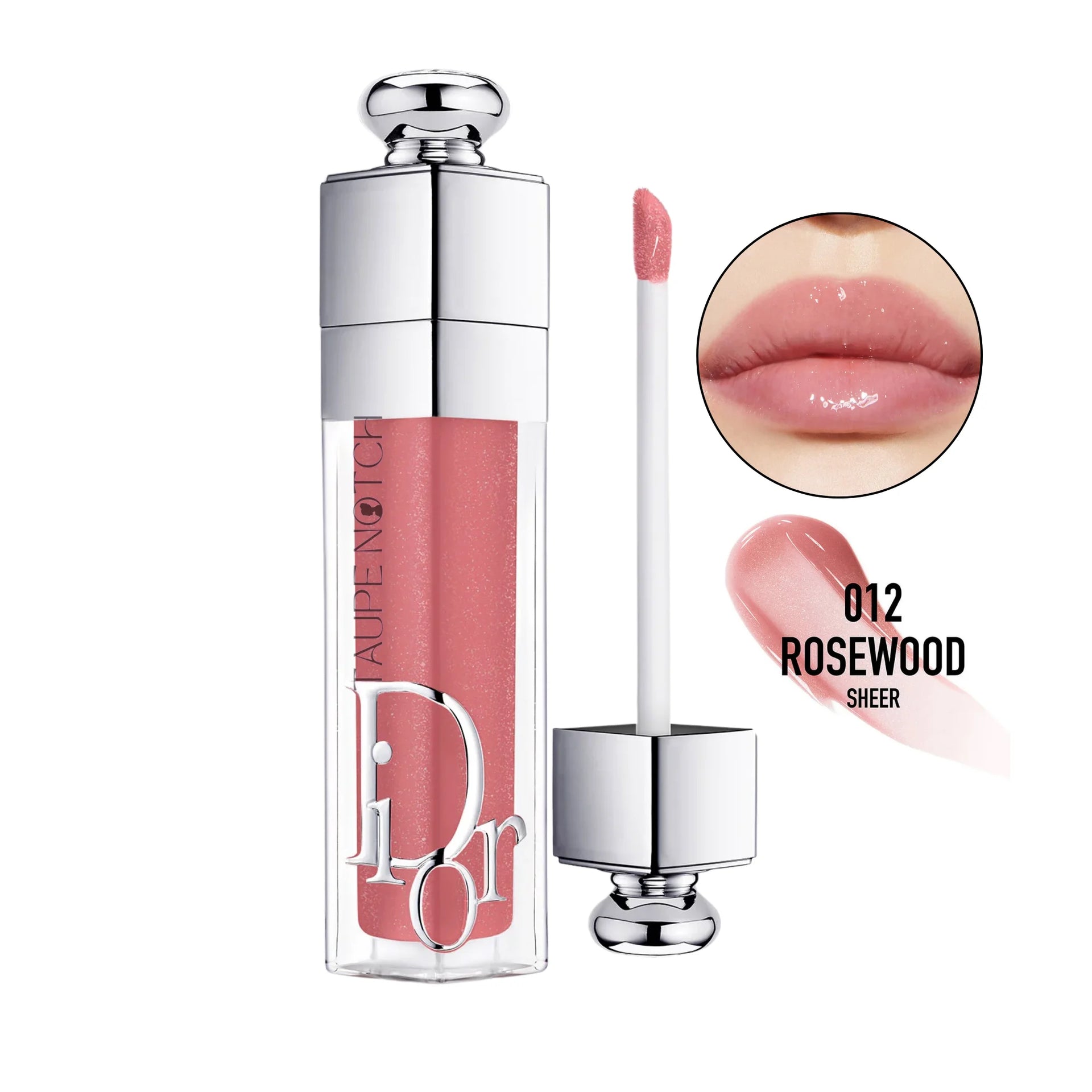 Dior Addict lip plumping gloss 012 Rosewood sheer rose, with applicator wand