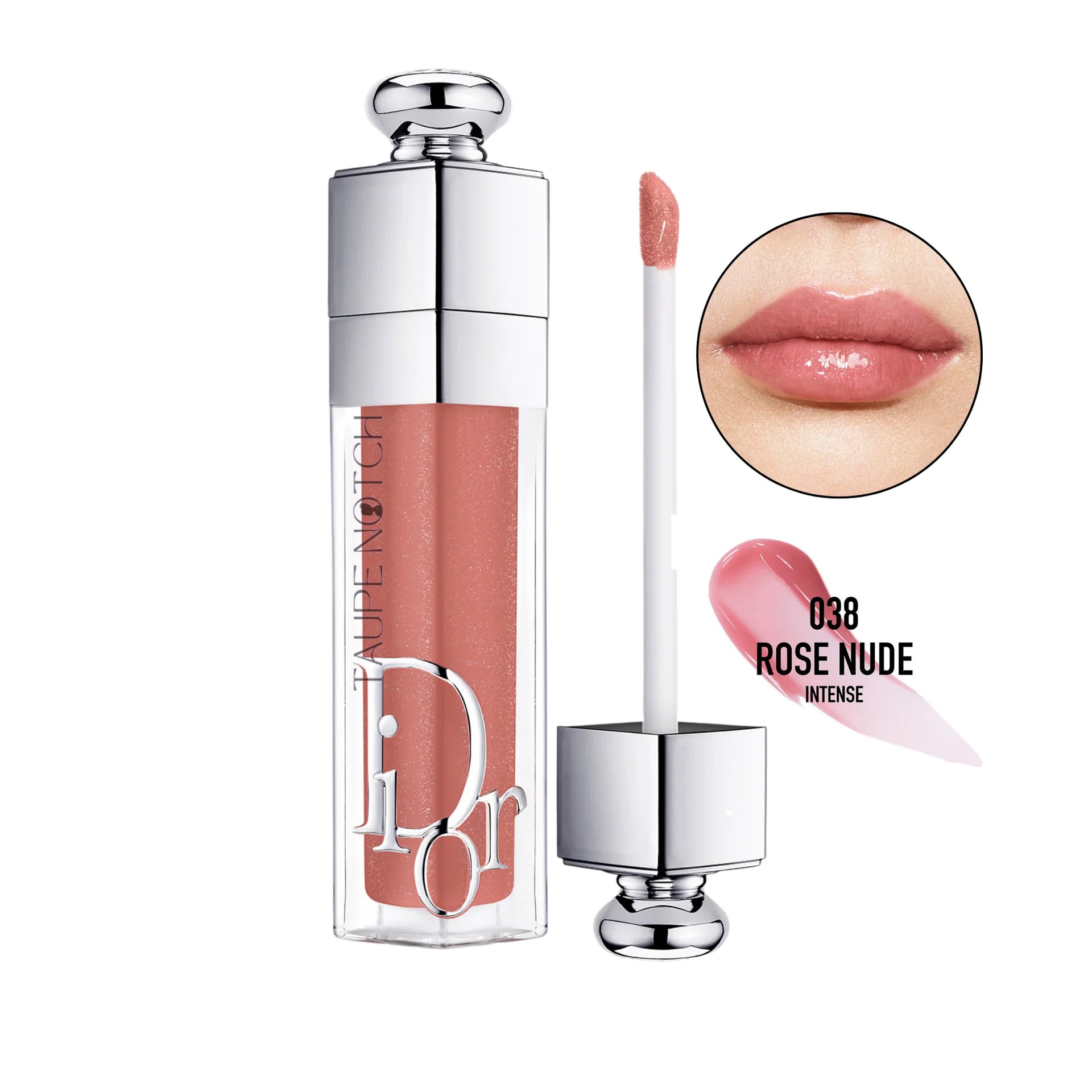 Dior Addict lip plumping gloss 038 Rose Nude intense, with pink applicator wand