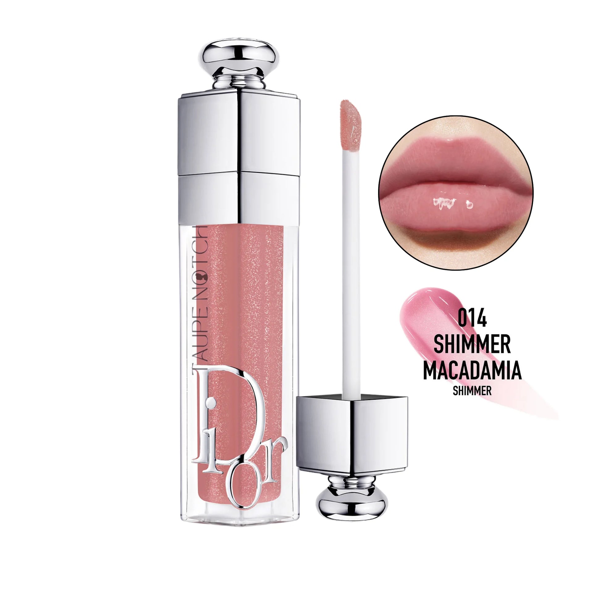 Dior Addict lip plumping gloss 014 Shimmer Macadamia, with shimmer rose applicator wand