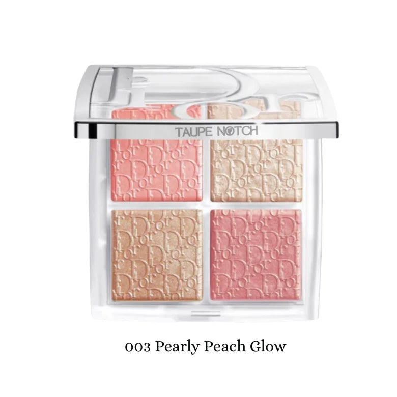 Compact face glow palette with four coral, pink, and bronze shimmer shades in a clear case