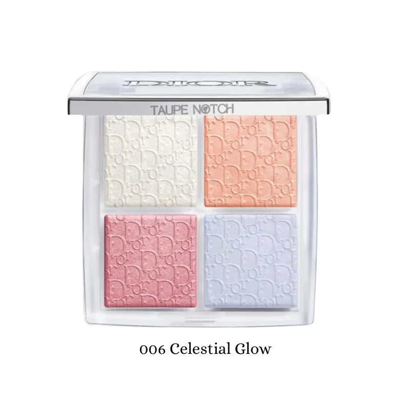 Compact face glow palette with four pale pink, peach, and blue shimmer shades in clear case