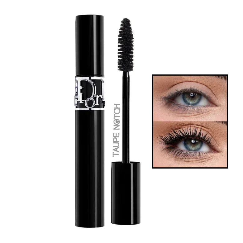 Black volume mascara tube and wand with full brush of dark bristles
