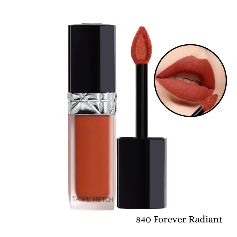 Dior Rouge Forever Liquid Lipstick 840 Forever Radiant warm burnt orange matte finish with lip swatch