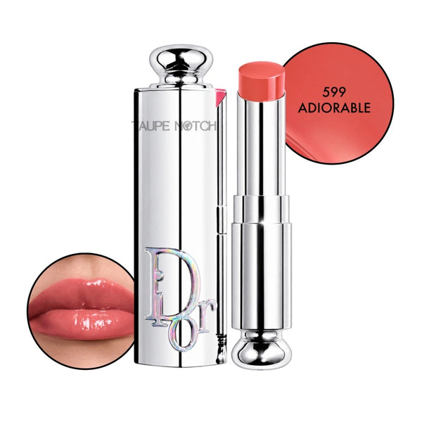 Dior Addict Glass Lipstick in 599 Adiorable, glossy coral-red lipstick and silver tube.