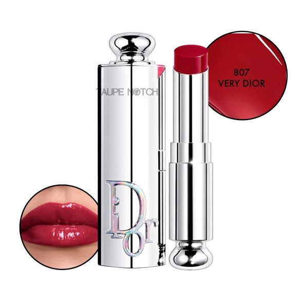 Dior Addict Glass Lipstick in 807 Very Dior, glossy deep red lipstick and silver tube.