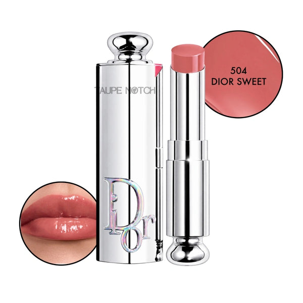 Dior Addict Glass Lipstick in 504 Dior Sweet, glossy pink-peach lipstick and silver tube.