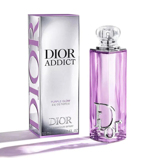 Dior Addict Purple Glow eau de parfum bottle and silver box with lilac glass