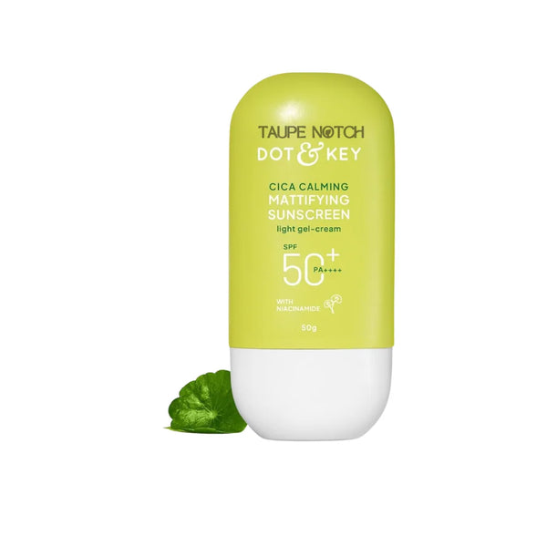 Calming mattifying sunscreen in lime green and white squeeze tube with leaf, SPF 50