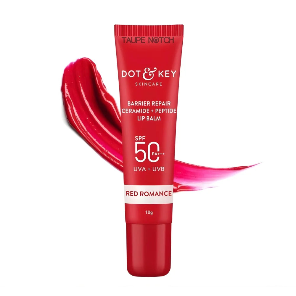 Red tinted lip balm SPF tube with 10g label and glossy red balm swatch