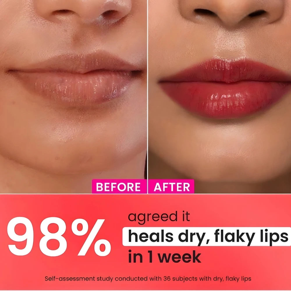 Red tinted lip balm on lips, showing a smoother, hydrated lip look