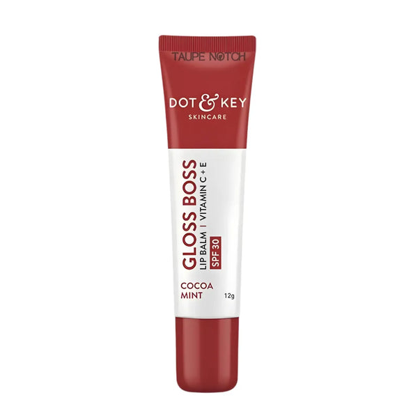 Lip balm tube with SPF 30 label in cocoa mint shade, maroon cap and squeeze tube