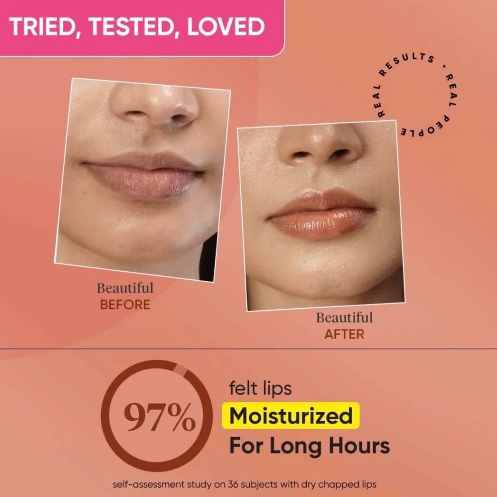 Lip balm after-effect on lips, moisturized look in before-and-after closeups