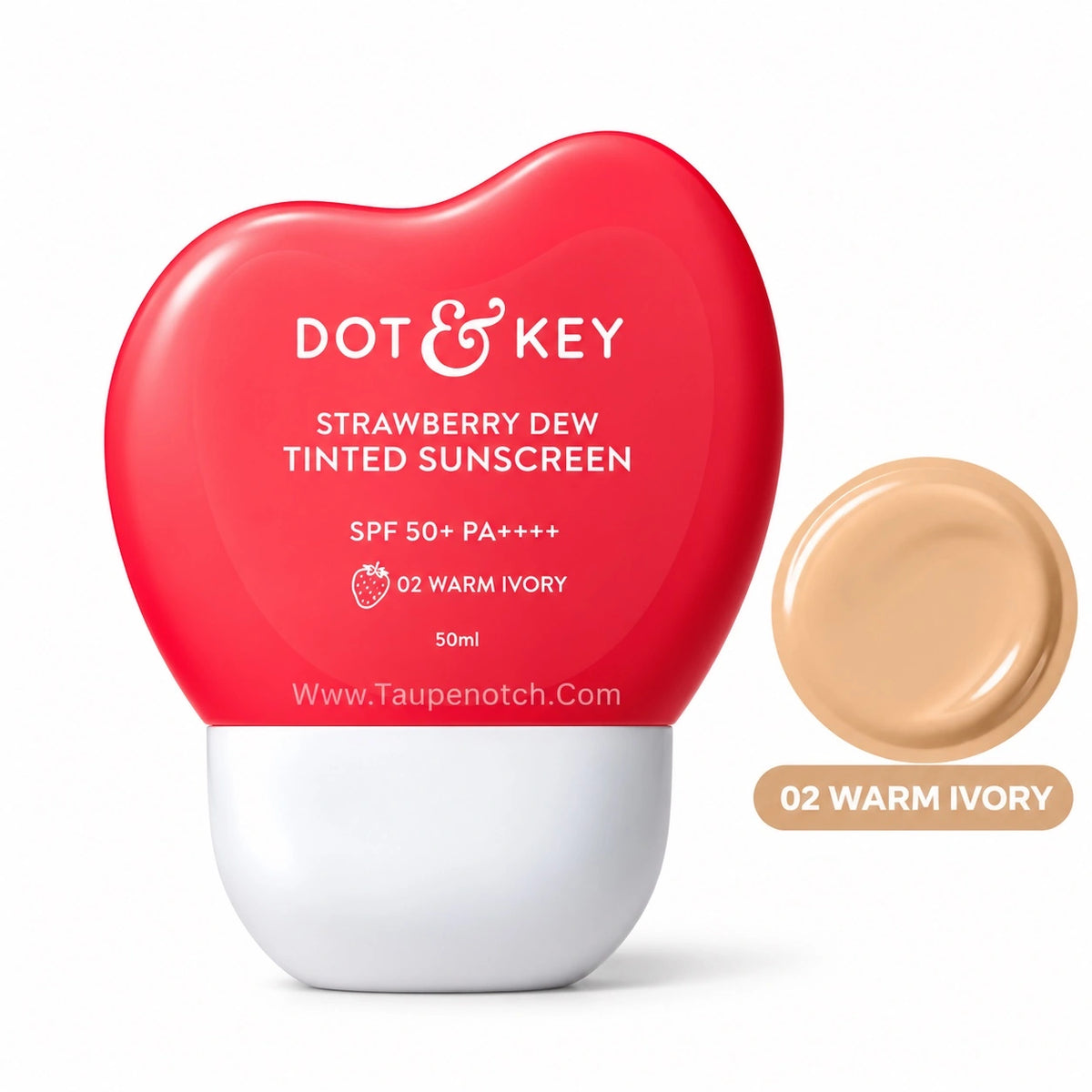Dot & Key Strawberry Dew Tinted Sunscreen SPF 50+ in a red and white squeeze bottle, shown alongside a circular swatch of the warm ivory tinted sunscreen formula.