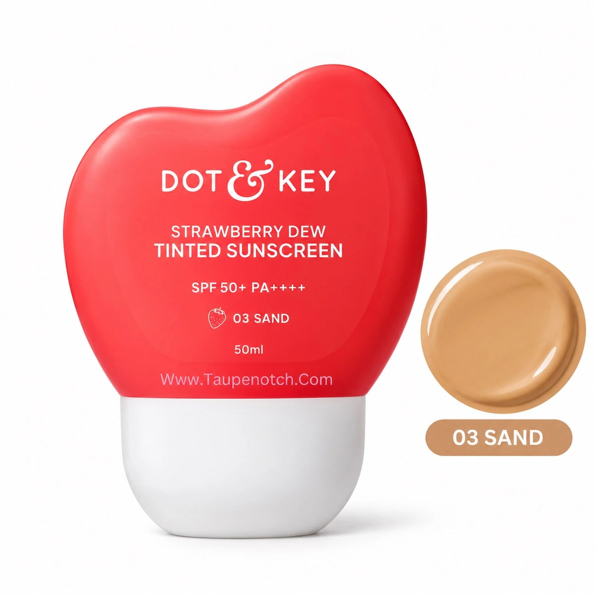 Dot & Key Strawberry Dew Tinted Sunscreen SPF 50+ in a strawberry-shaped squeeze bottle with a red cap and white base, shown next to a circular swatch of the '03 Sand' tinted formula on a white background.