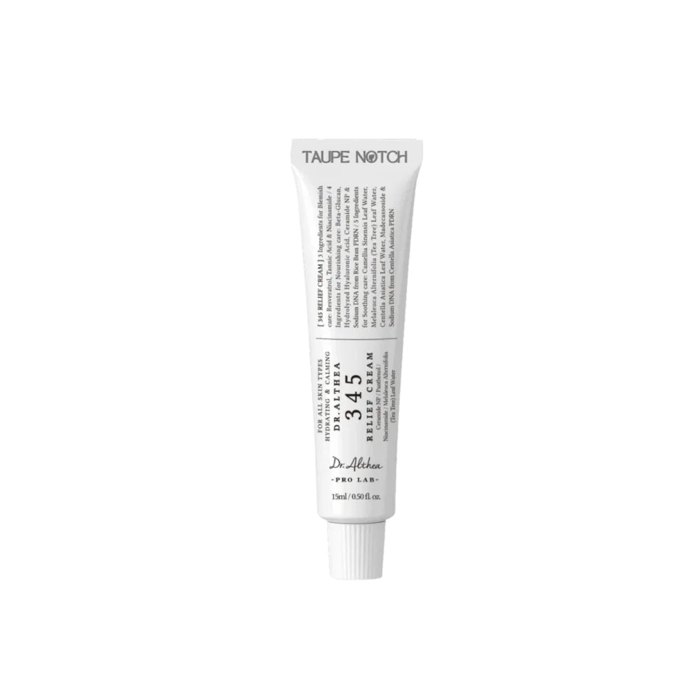 Relief cream tube, back label with “3.4.5 AM” and net weight 15 ml
