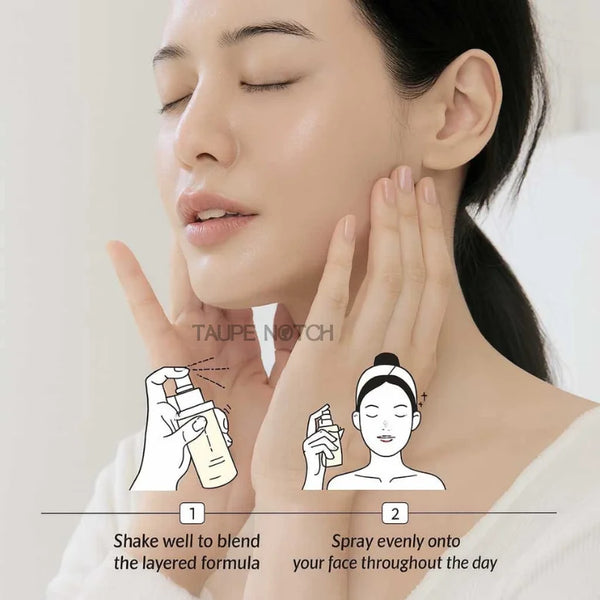 Cream mist application on face: woman applying fine spray with eyes closed