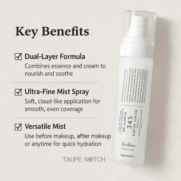 Facial relief cream mist bottle with pump, key benefits text shown