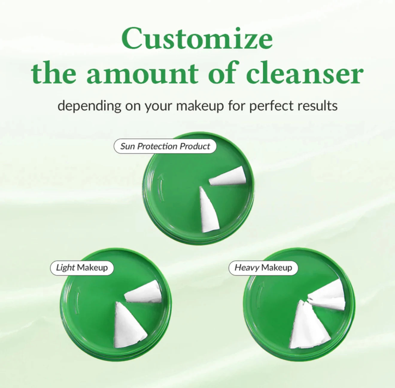 Cleansing balm dispensing guide with three green panels and white balm amounts