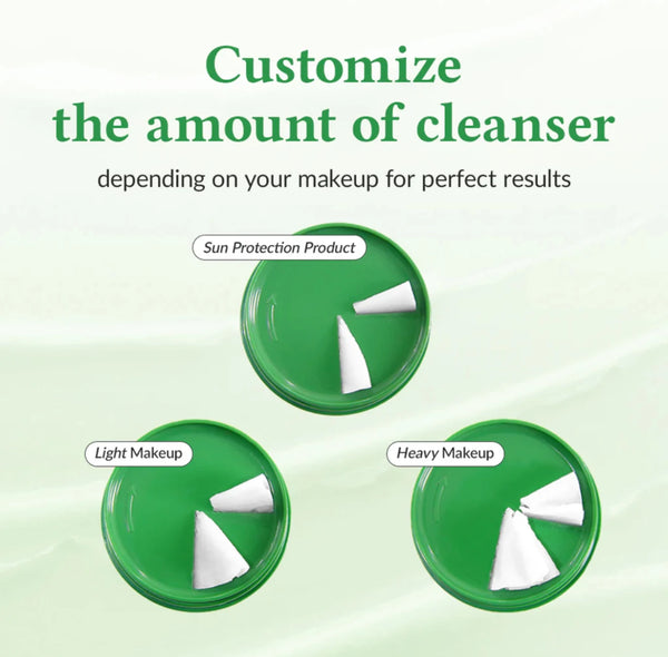 Cleansing balm dispensing guide with three green panels and white balm amounts