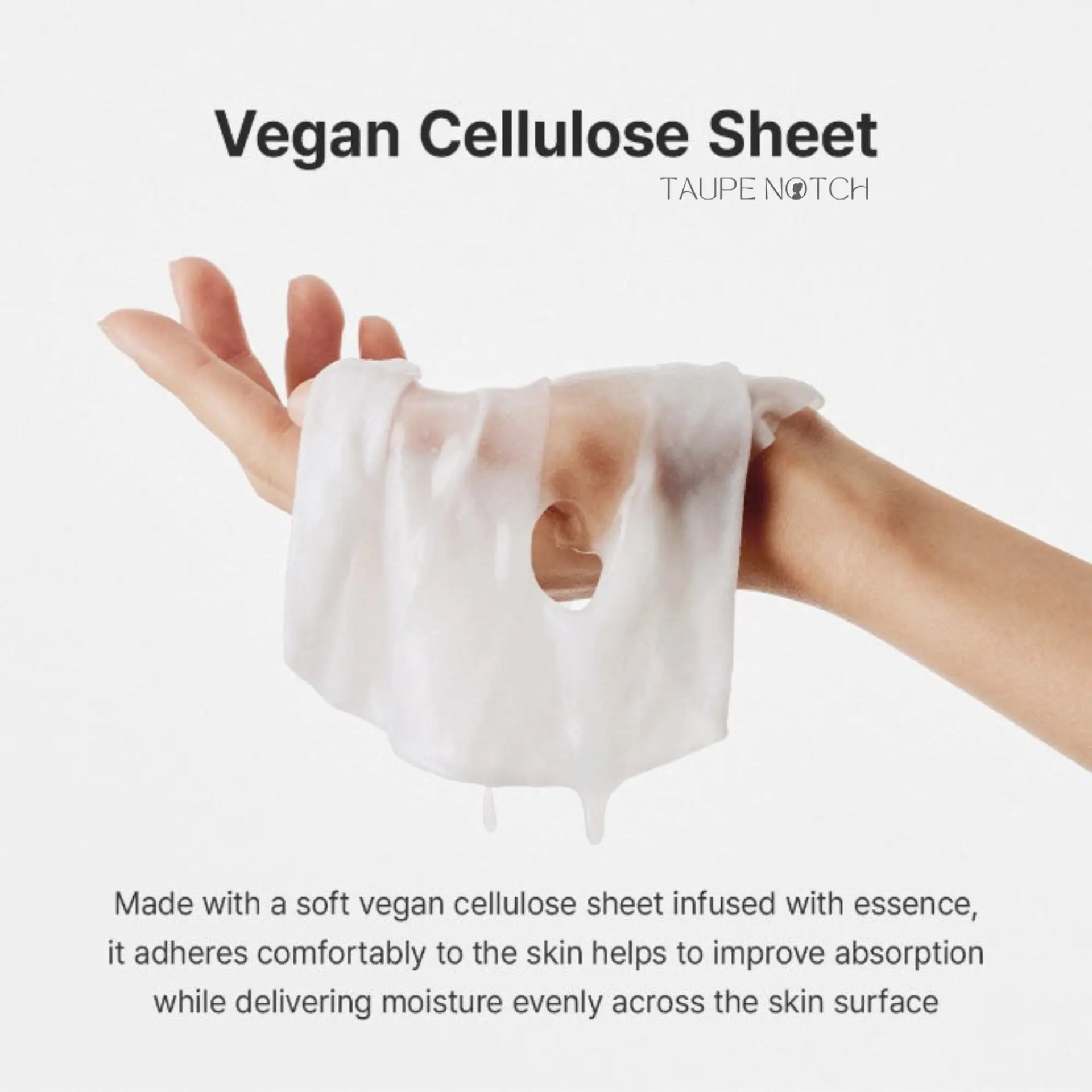 Vegan cellulose relief cream mask sheet, held up between hands