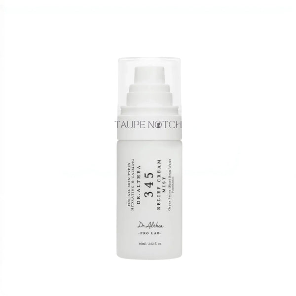 Relief cream mist bottle with white pump sprayer, clear label