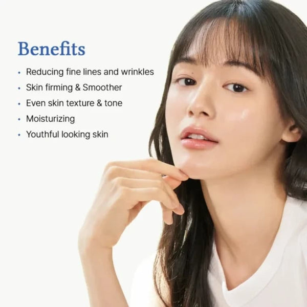 Woman with text listing Dr. Althea 0.1% Gentle Retinol Serum (30ml) benefits on a white background