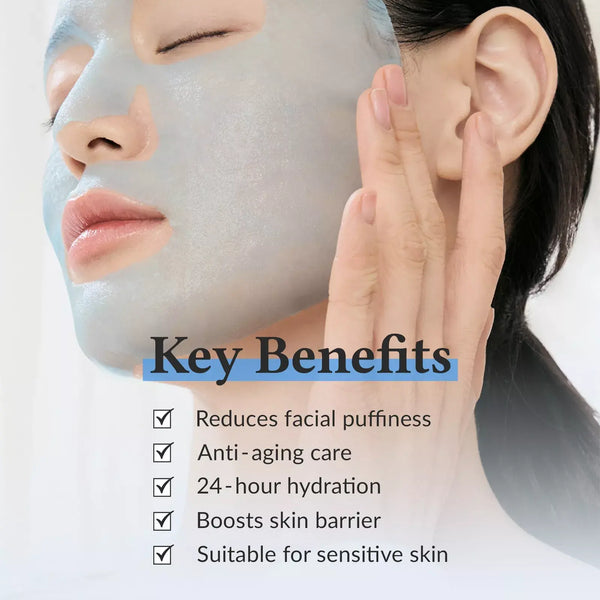 Aqua-blue hydration sheet mask on skin with hand gently pressing near the ear