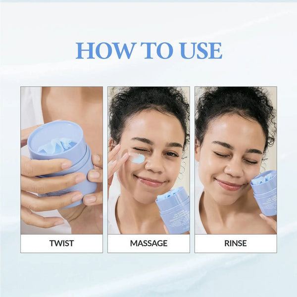 Blue cleansing balm jar with white balm on a spatula during skin cleansing