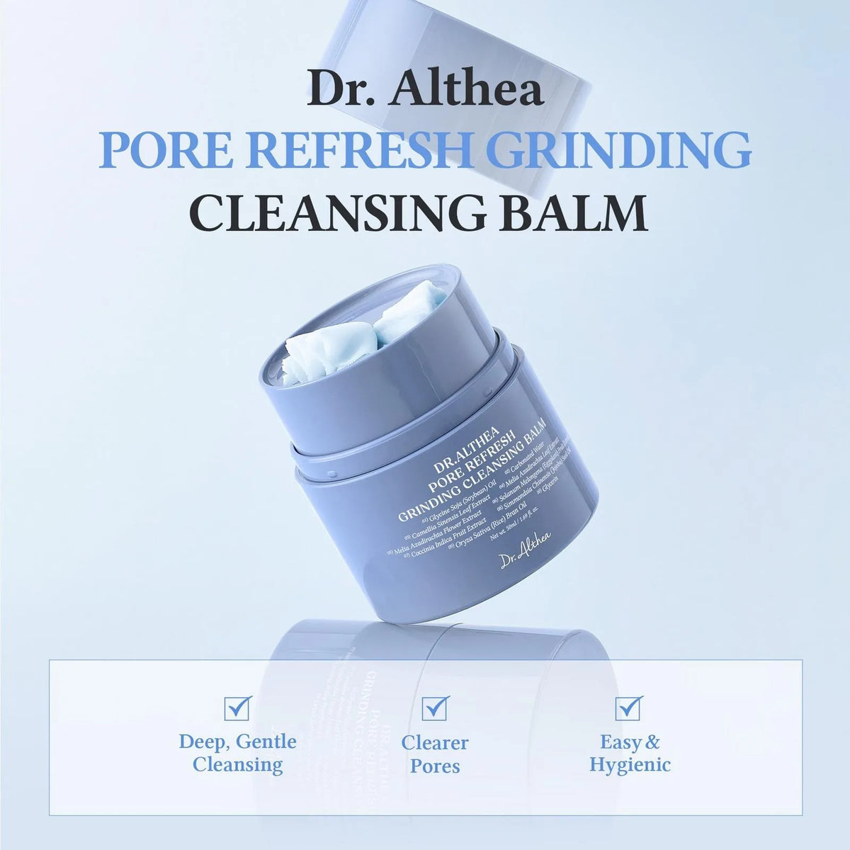 Dr. Althea Pore Refresh Grinding Cleansing Balm 50 ml A blue jar that showing how it works