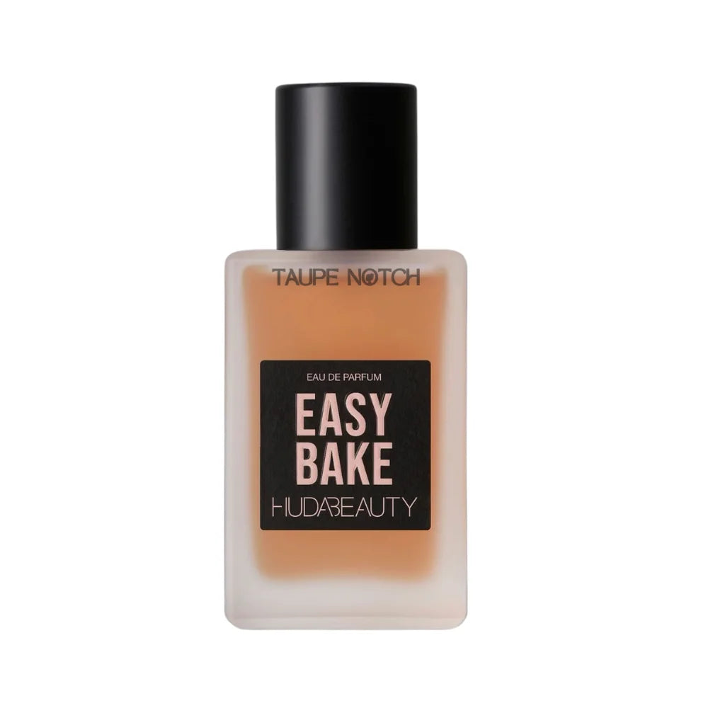 Easy Bake Huda Beauty eau de parfum bottle with black cap, taupe label