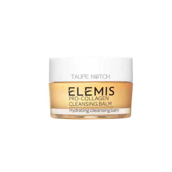ELEMIS Pro-Collagen Cleansing Balm jar with white lid and amber base, hydrating balm text.
