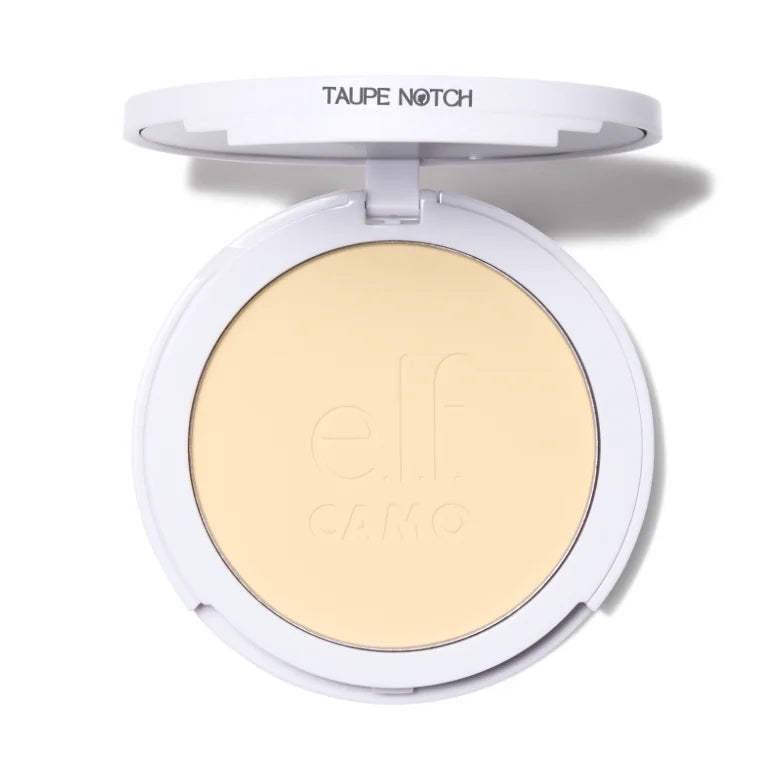 Powder foundation compact with light beige pan and open lid