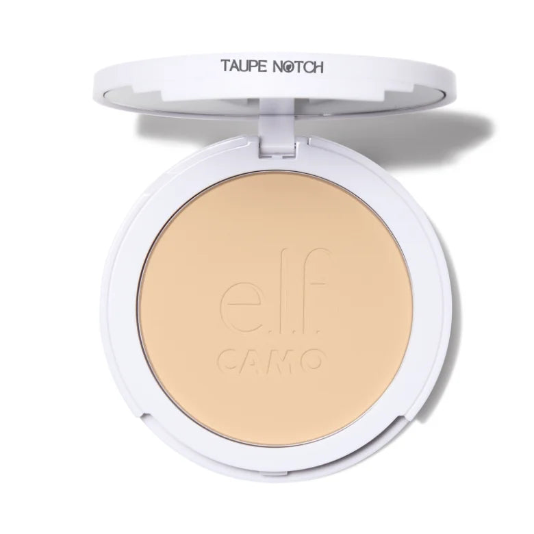 Powder foundation compact pan in light beige with open lid and embossed finish