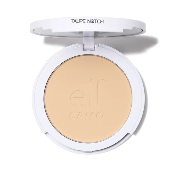 Powder foundation compact pan in light beige with open lid and embossed finish