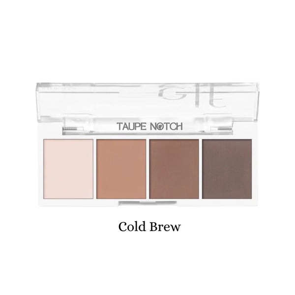 Bite-size eyeshadow palette with 4 taupe-brown shades, labeled Cold Brew