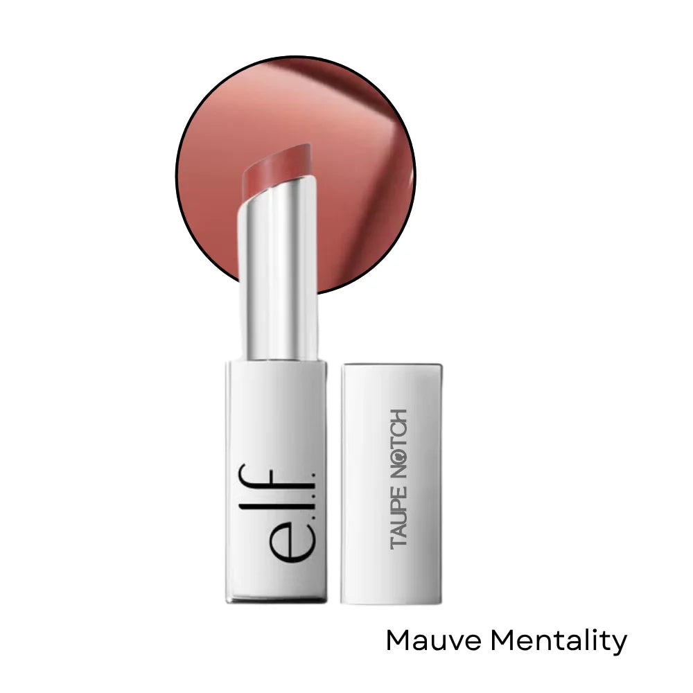 Lipstick in a silver tube with mauve swatch, Mauve Mentality shade