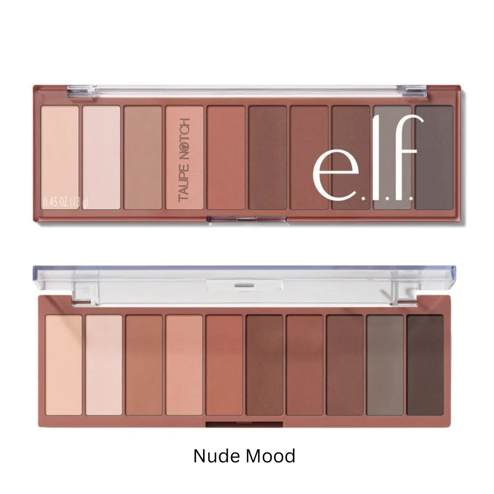 Eyeshadow palette with nude and brown pressed powders in an open case