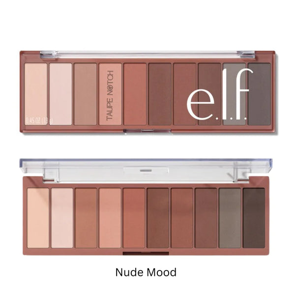Eyeshadow palette with nude and brown pressed powders in an open case