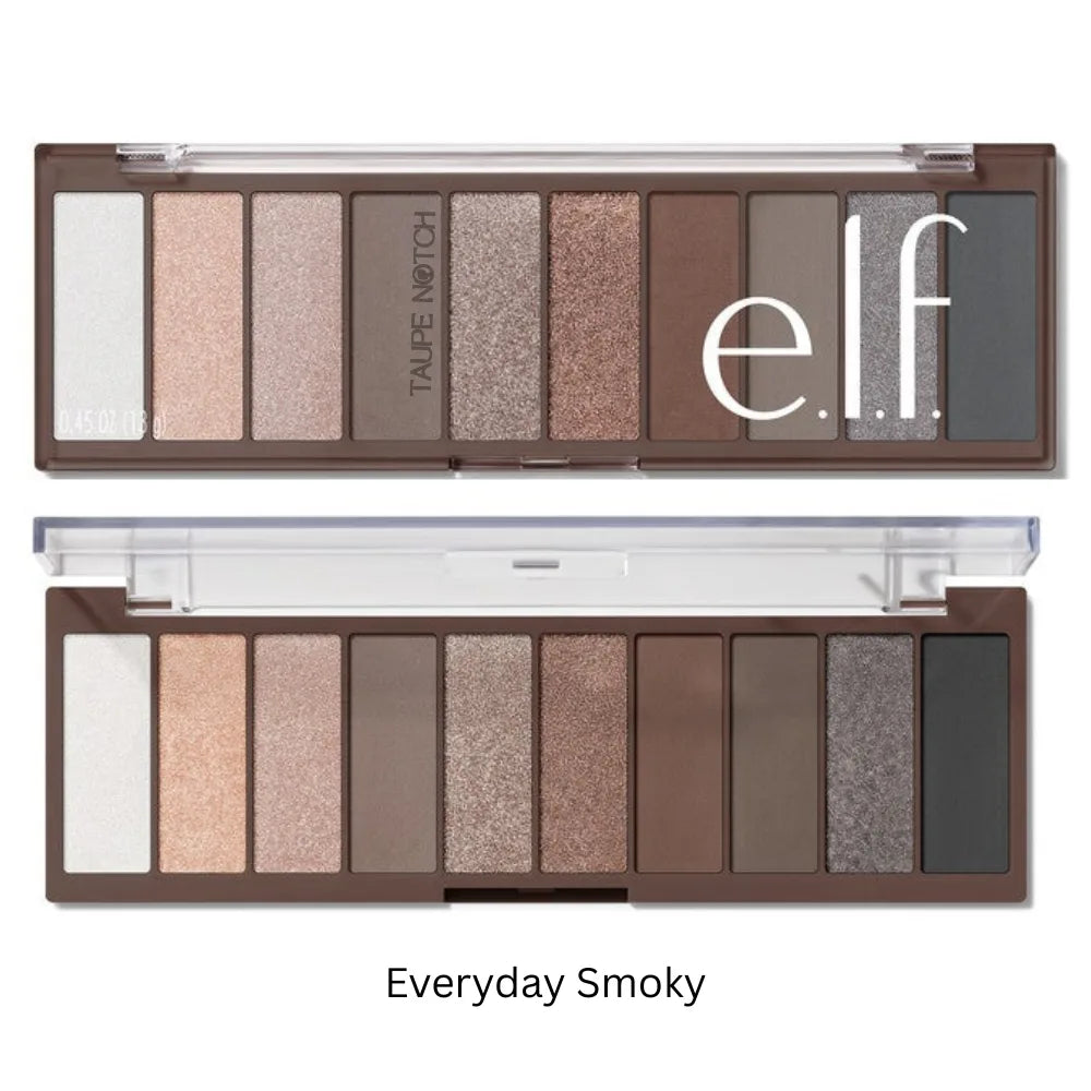 Eyeshadow palette with open lid, nine neutral smoky shade pans in a brown case